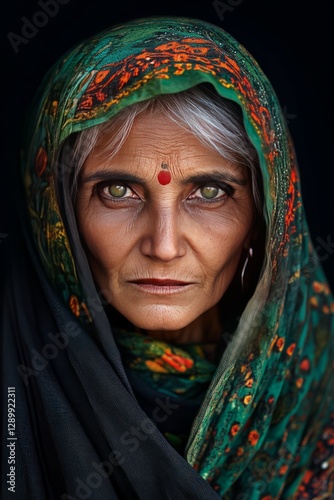 Intense Gaze of a Traditional Woman: A captivating portrait of a mature woman with striking features, a serene yet powerful expression, and traditional attire.