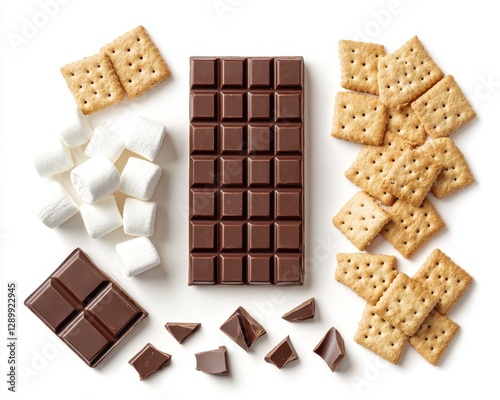 Assorted Ingredients for S'mores Delight with Chocolate Bar, Graham Crackers, and Marshmallows on White Background