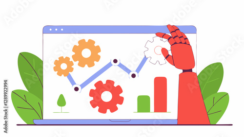 A stylized illustration of a laptop screen displaying a data analytics dashboard with charts, graphs, and gears, being manipulated by a robotic or prosthetic hand, suggesting automation, data analysis
