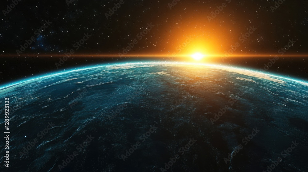 Obraz premium A breathtaking view of Earth from space at sunrise, showcasing the planet's curvature, vibrant colors of the atmosphere, and the sun rising above the horizon, evoking a sense of wonder