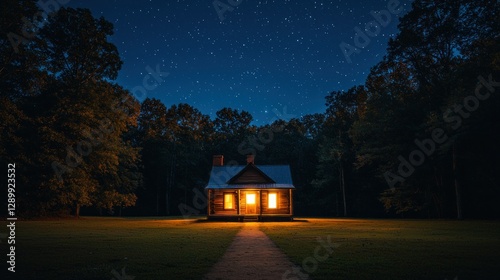 Luminous cabin at night in forest, starry sky