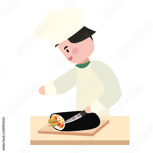 조리복을 입고 김밥을 썰고있는 요리사 사람 남성
