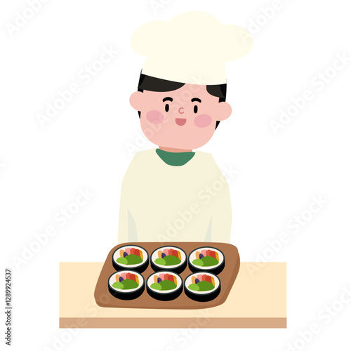 조리복을 입고 김밥을 완성한 요리사 사람 남성