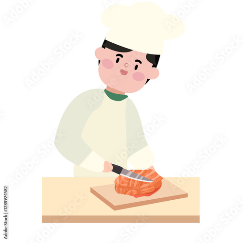 조리복을 입고 김치를 썰고있는 있는 요리사 사람 남성