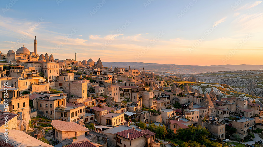 Obraz premium Picturesque Hillside Town at Sunset in Cappadocia
