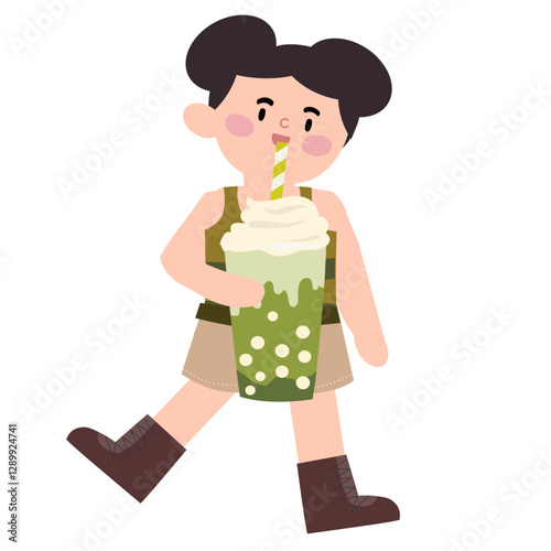 여름옷을 입고 음료수 버블티를 마시고 있는 사람 여성