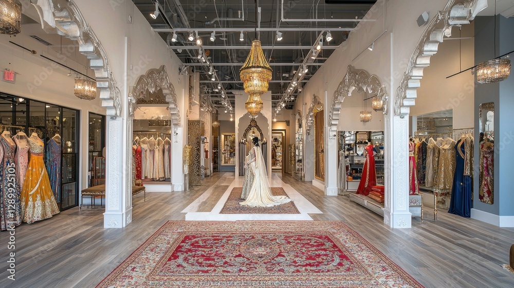 Obraz premium A lavish boutique featuring traditional and contemporary Indian bridal attire with silk drapes.