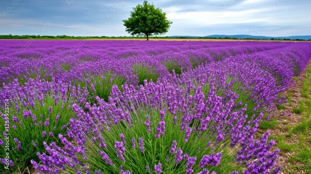 Fototapeta premium Lavender Field Under Cloudy Sky with a Lone Tree in Background