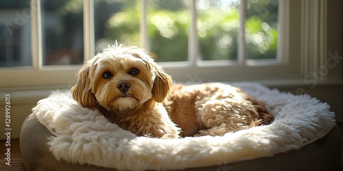 Adorable Fluffy Dog Relaxing in Sunny Window photo