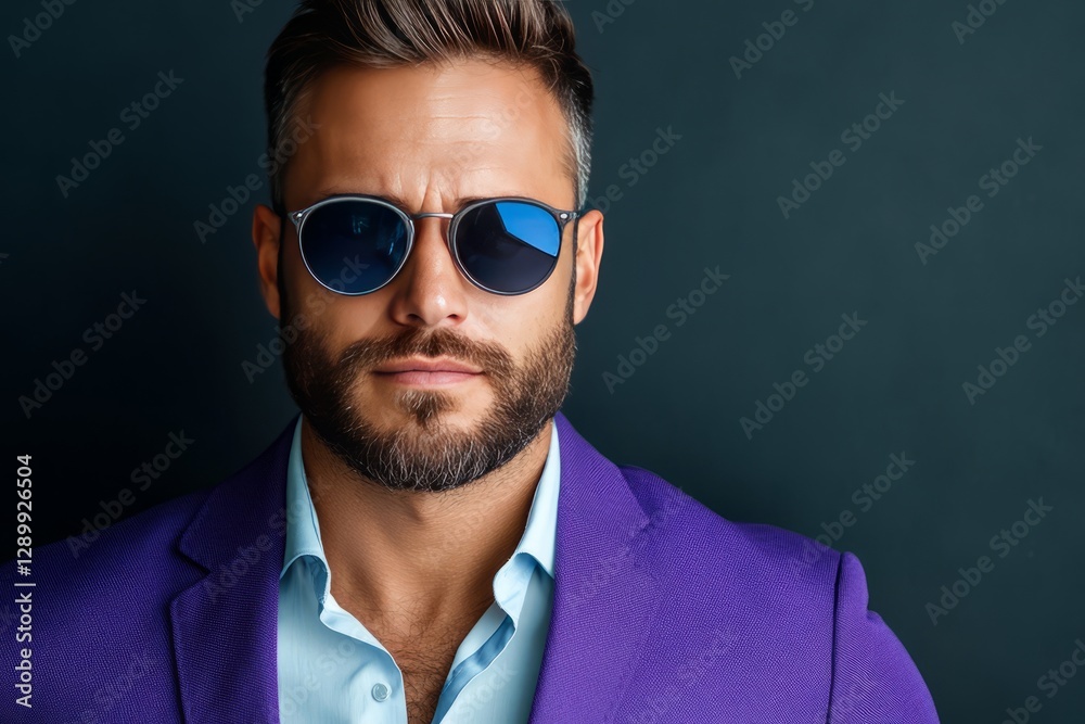 Confident Man in Sunglasses: A stylish and confident man with a well-groomed beard, wearing fashionable sunglasses and a vibrant suit, exudes charisma and modern sophistication. Confident Man in Sunglasses: A stylish and confident man with a well-groomed beard, wearing fashionable sunglasses and a vibrant suit, exudes charisma and modern sophistication.