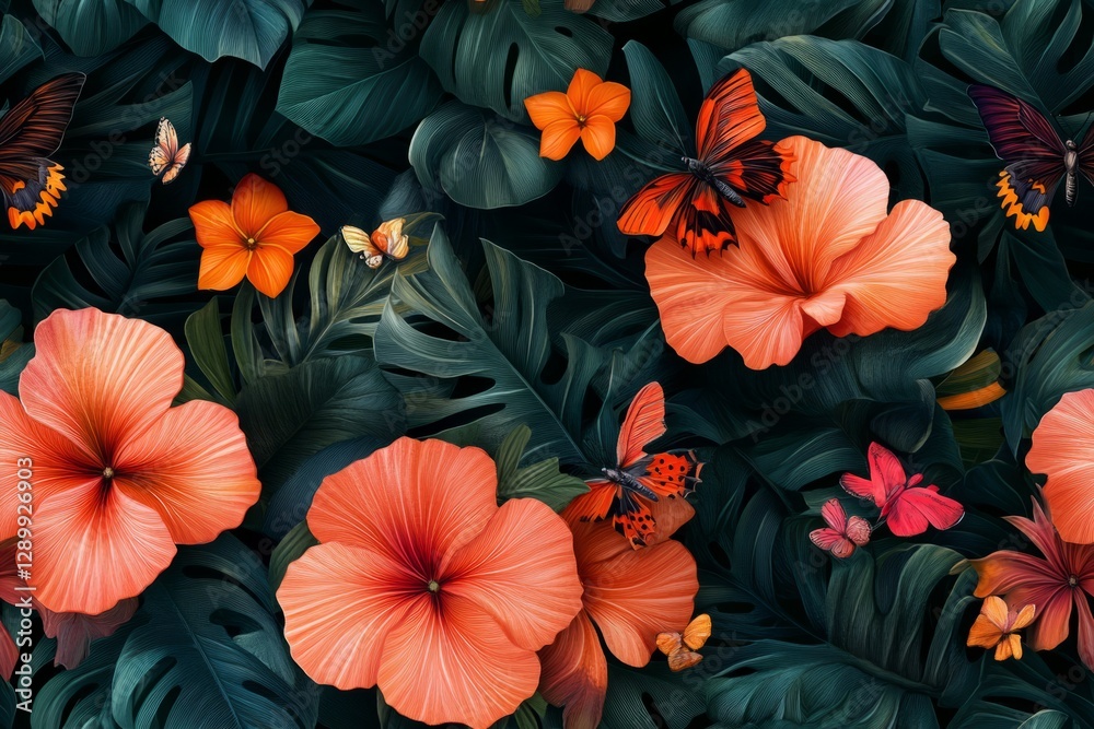 Immerse yourself in a tropical dream with vibrant flowers & fluttering friends.- Seamless Pattern - Seamless Pattern Immerse yourself in a tropical dream with vibrant flowers & fluttering friends.- Seamless Pattern - Seamless Pattern