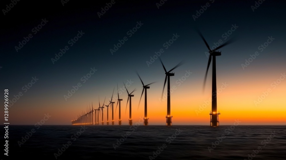 Obraz premium Offshore Wind Farm at Sunset Clean Energy Renewable Power Turbine Silhouettes