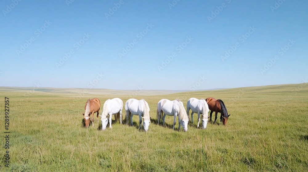 Fototapeta premium Horses grazing in a vast prairie landscape. Possible use Stock photo for nature, travel, or animal lovers