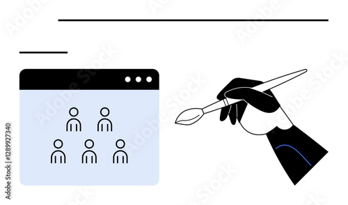 Hand holding a brush designing a digital interface with user icons, blending creativity and technology. Ideal for UI design, teamwork, creativity, digital tools, design processes, user management