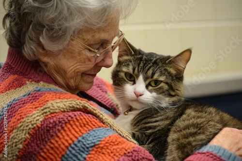 A volunteer helps an elderly woman choose the perfect cat for companionship, The cat purrs while sitting comfortably in her lap, Generative AI