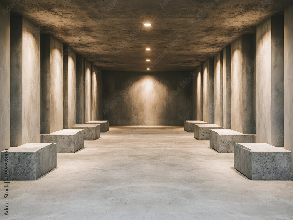 Fototapeta premium spacious angular concrete room with smooth walls and benches, illuminated by soft overhead lights, creating minimalist and modern atmosphere