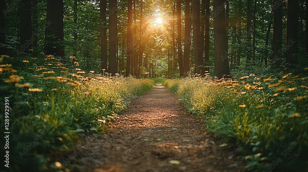 Obraz premium Sunlit Forest Path With Wildflowers And Trees