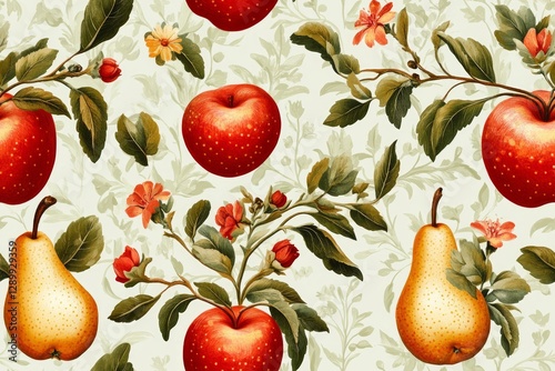 Whimsical garden delights with apples, pears, and floral accents.- Seamless Pattern - Seamless Pattern