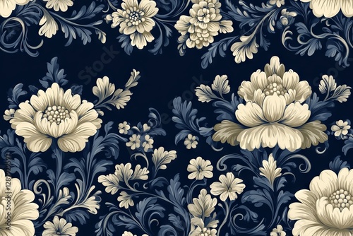 Elegantly arranged, floral pattern on dark blue offers a luxurious feel.- Seamless Pattern - Seamless Pattern