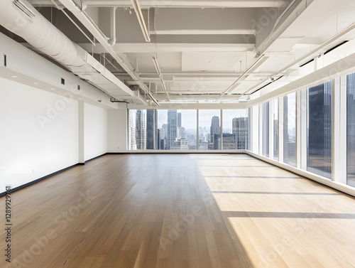 Wallpaper Mural spacious, empty open concept office space with large windows showcasing city skyline. bright, airy environment features wooden flooring and modern architecture, ideal for creative work Torontodigital.ca