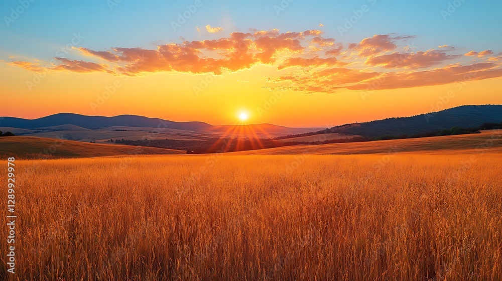 Obraz premium Golden wheat field under a vibrant sunset sky with distant hills.