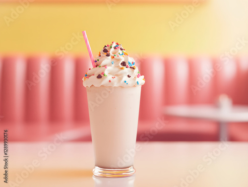Indulge in creamy milkshake topped with whipped cream and colorful sprinkles, perfect for sweet treat. This delightful drink is served in glass with straw