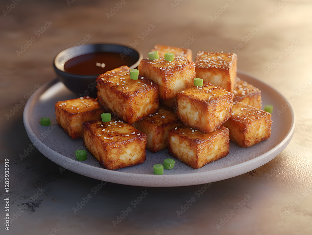 Crispy fried tofu cubes served on plate with dipping sauce and garnished with green onions. delicious and appetizing dish perfect for any meal Crispy fried tofu cubes served on plate with dipping sauce and garnished with green onions. delicious and appetizing dish perfect for any meal