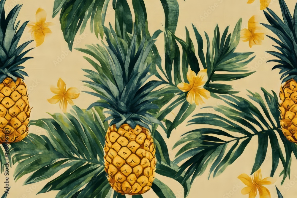 Fototapeta premium Tropical vibes with exotic fruit, leaves, and yellow blossoms.- Seamless Pattern - Seamless Pattern