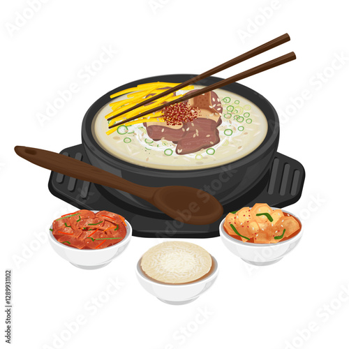 Vector Illustration Logo Clipart Korean Food Gomtang or Beef Bone Soup with Rice and Kimchi