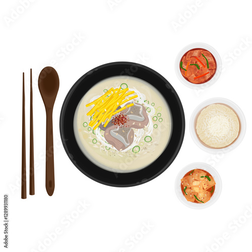 Vector Illustration Logo Clipart Top View Korean Cuisine Gomtang with Rice and Kimchi