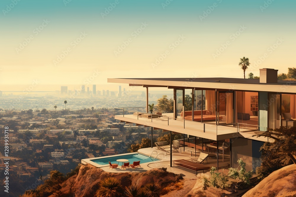 Fototapeta premium Stahl House, mid-century modernist, artistic illustration view, muted colors