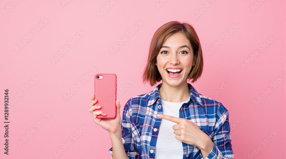 Smiling woman holding and pointing at a red smartphone, wearing a casual blue checkered shirt, posing against a pink background. Concept of technology and lifestyle. Ai generative Smiling woman holding and pointing at a red smartphone, wearing a casual blue checkered shirt, posing against a pink background. Concept of technology and lifestyle. Ai generative