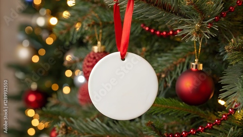 Flat round shape white ceramic ornament with red ribbon mockup closeup hanging on a Christmas tree decorated with red theme ornaments with gold bokeh lights background