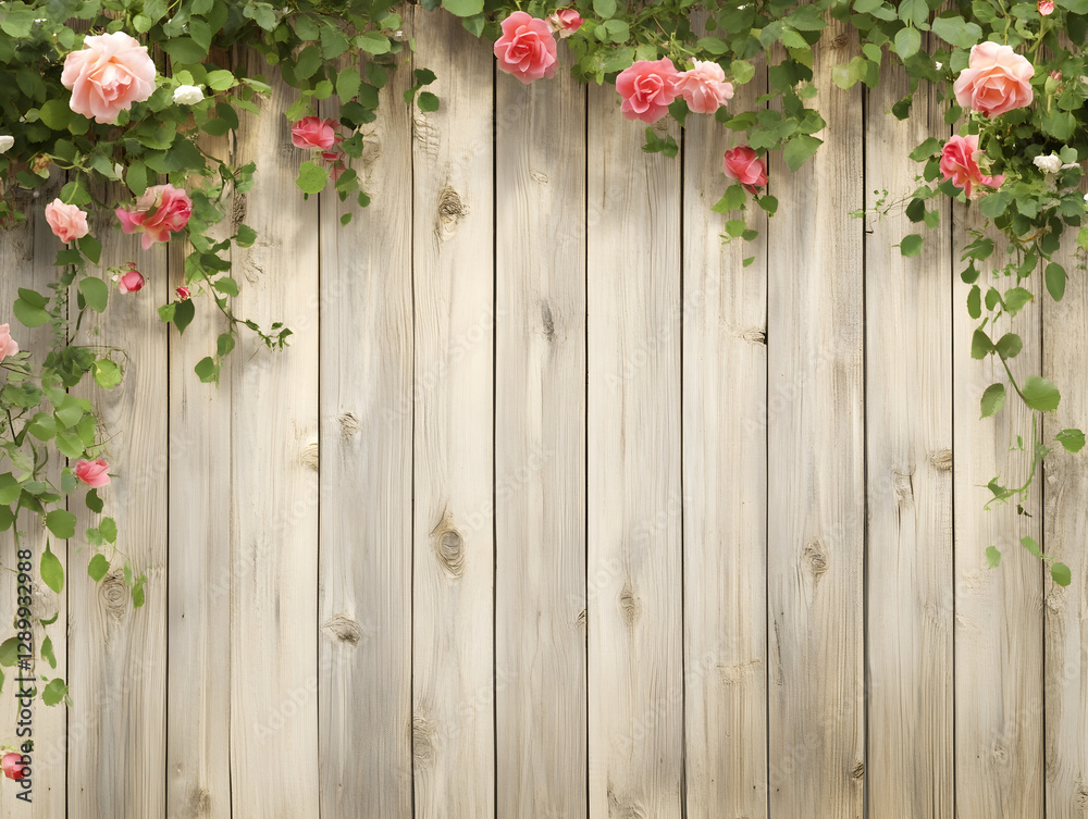 Fototapeta premium rustic wooden fence adorned with blooming pink roses and green vines creates serene and charming atmosphere. This beautiful scene evokes feelings of tranquility and nature beauty