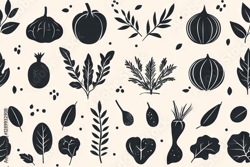 Botanical pattern with dark vegetables and leaves on a light background.- Seamless Pattern - Seamless Pattern