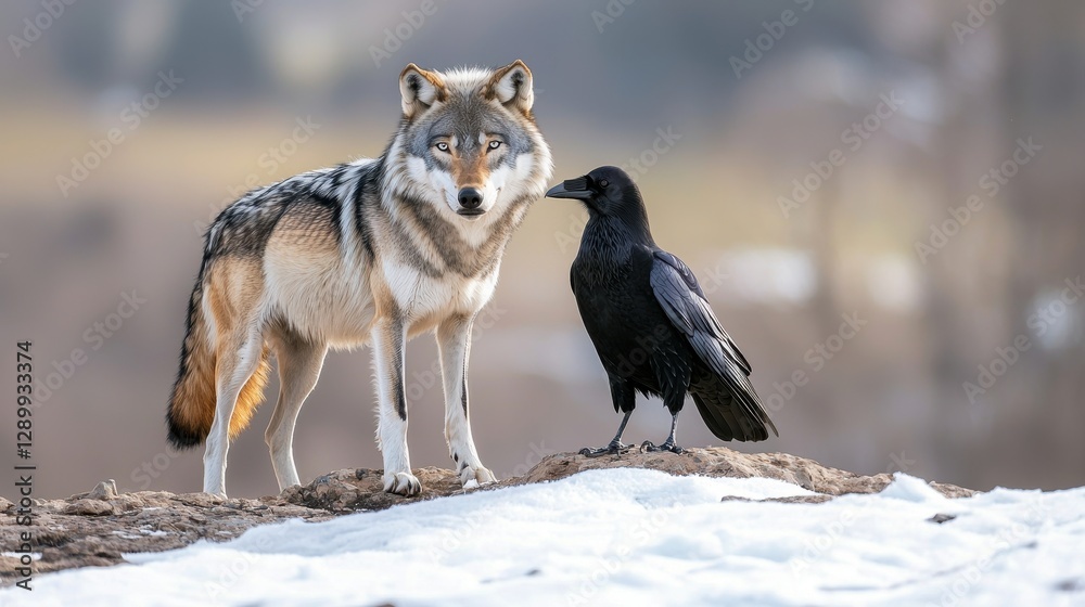 Naklejka premium A wolf and a raven stand together on snow, highlighting a unique bond between these two species in a serene, natural setting.