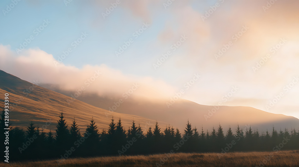 Fototapeta premium scenic mountain landscape during sunrise with golden light illuminating trees and hills, creating serene and tranquil atmosphere