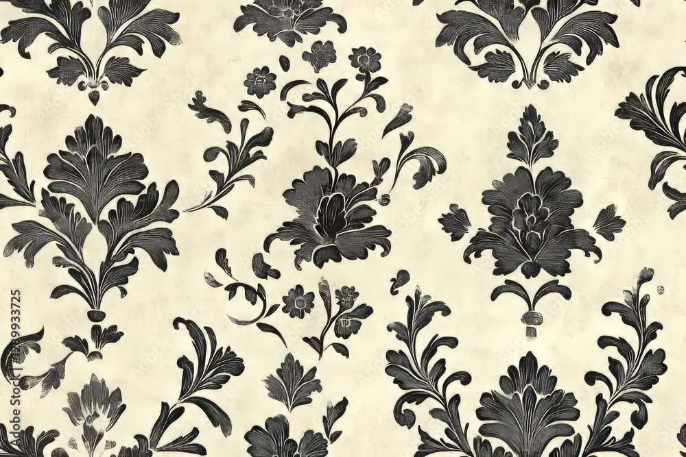 Fototapeta premium Floral pattern with dark gray blooms and foliage on a light beige surface.