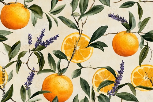 Floral pattern with oranges, leaves and lavender on light background.