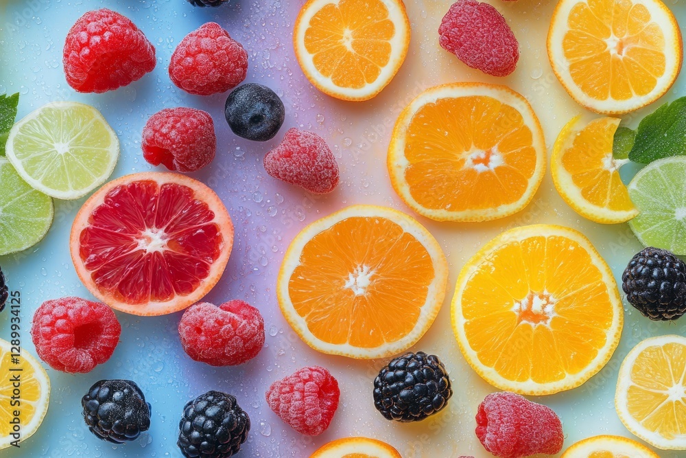 Assorted citrus fruit slices and berries on a multi-colored pastel background Assorted citrus fruit slices and berries on a multi-colored pastel background