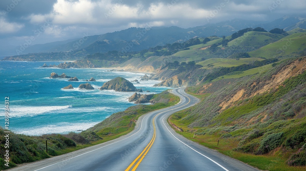 Long winding road with scenic view of the ocean and blue sky in the background Long winding road with scenic view of the ocean and blue sky in the background