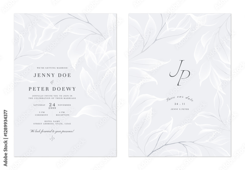 Wedding invitation and save the date template set of delicate, translucent white leaves on a soft grey background. The style is classic, romantic, and understated