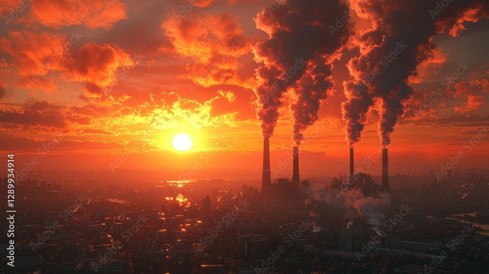 Fototapeta premium Industrial Pollution With Sunset Is Visualized in the Sky