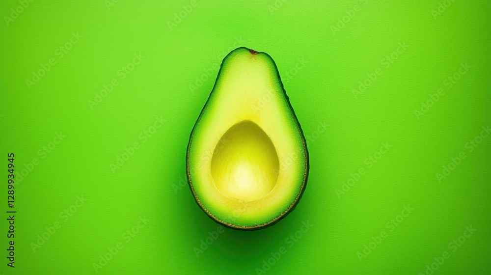 A vibrant, halved avocado sits against a bright green background, showcasing its creamy texture and distinct pit. A vibrant, halved avocado sits against a bright green background, showcasing its creamy texture and distinct pit.
