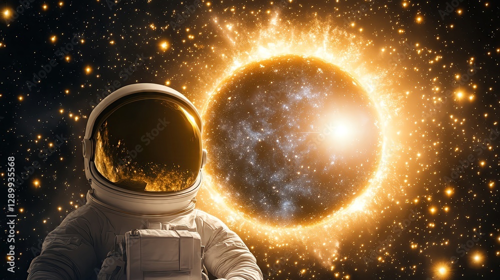 Fototapeta premium An astronaut gazes at a radiant sun in the vastness of space, symbolizing exploration and discovery.