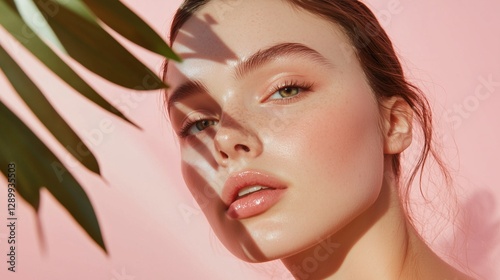 Sun-Kissed Beauty: A captivating portrait of a woman with radiant skin, framed by lush green leaves, epitomizing natural beauty. The soft lighting creates a gentle play of shadows and highlights.