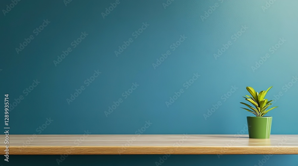 A Small Plant On A Shelf Against A Blue Painted Wall A Small Plant On A Shelf Against A Blue Painted Wall