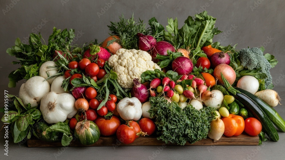 Assorted fresh vegetables on a wooden board, vibrant display. Possible use Food photography Assorted fresh vegetables on a wooden board, vibrant display. Possible use Food photography
