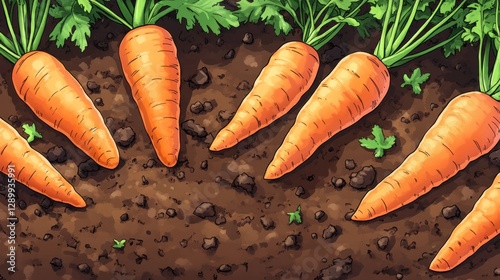 Fresh Carrots Growing in the Garden with Earth and Green Leaves
