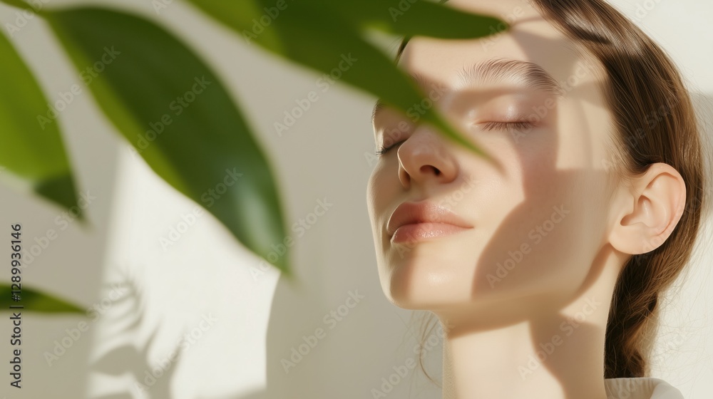 Tranquil Moment with Nature's Embrace: A portrait of a serene young woman basks in the gentle sunlight filtered through vibrant green leaves. Tranquil Moment with Nature's Embrace: A portrait of a serene young woman basks in the gentle sunlight filtered through vibrant green leaves.